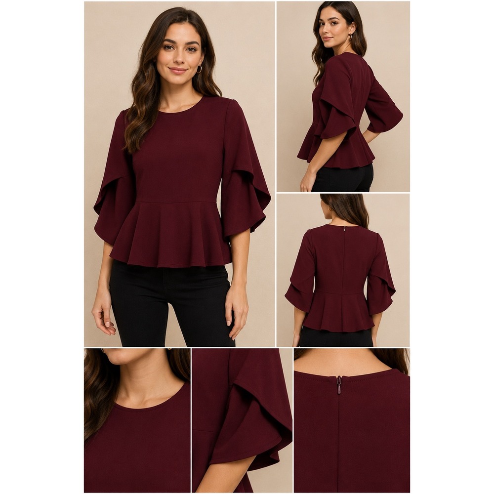 SHEIN Peplum Top Women XL Burgundy Excellent‎ Tiered Bell Sleeve Back Zip Blouse